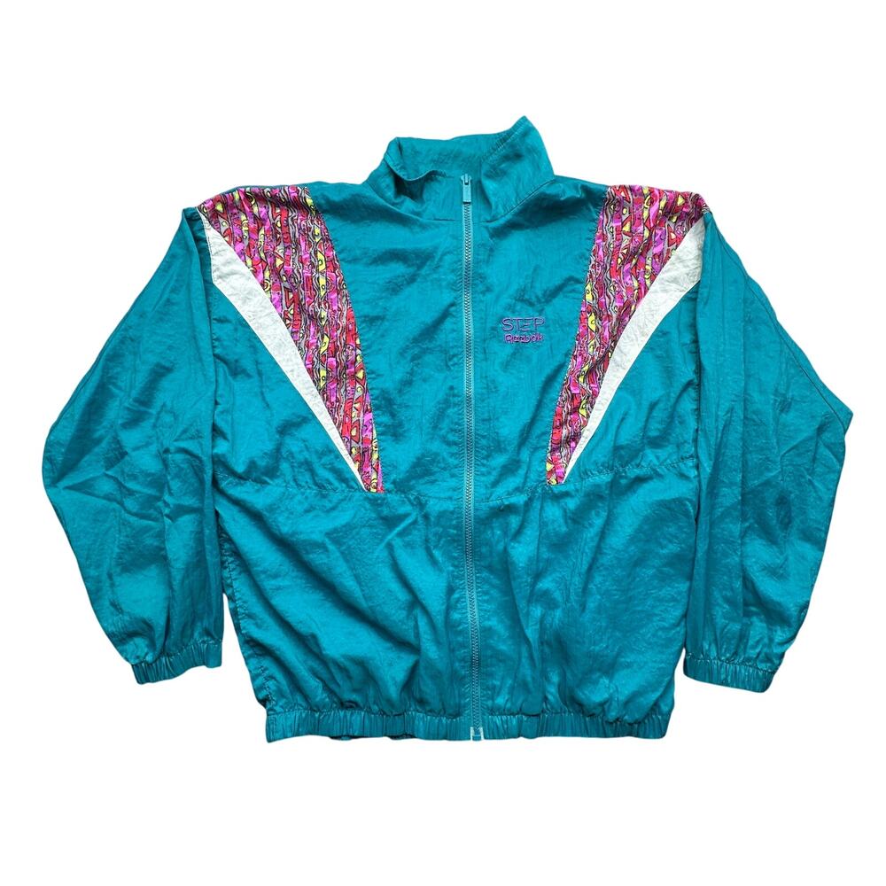 Vintage 90s Reebok STEP Nylon Geometric Oversized Windbreaker Jacket Women Large